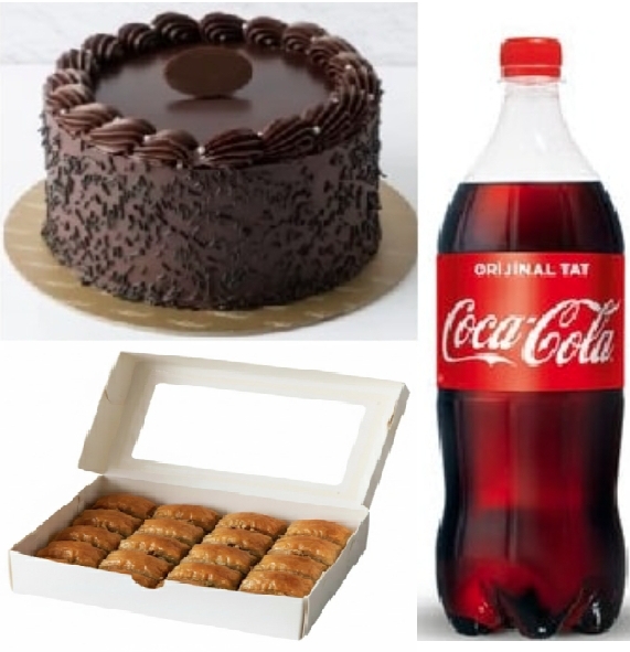 2-3 Kişilik Çikolatalı Yaş Pasta (1 Adet), 1 kg Cevizli Baklava (1 Adet), 1 Litre Kola (1 Adet)